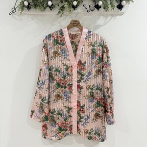Vintage Victoria Secret Satin Pink Floral Button Down Sleep Shirt Medium gold la